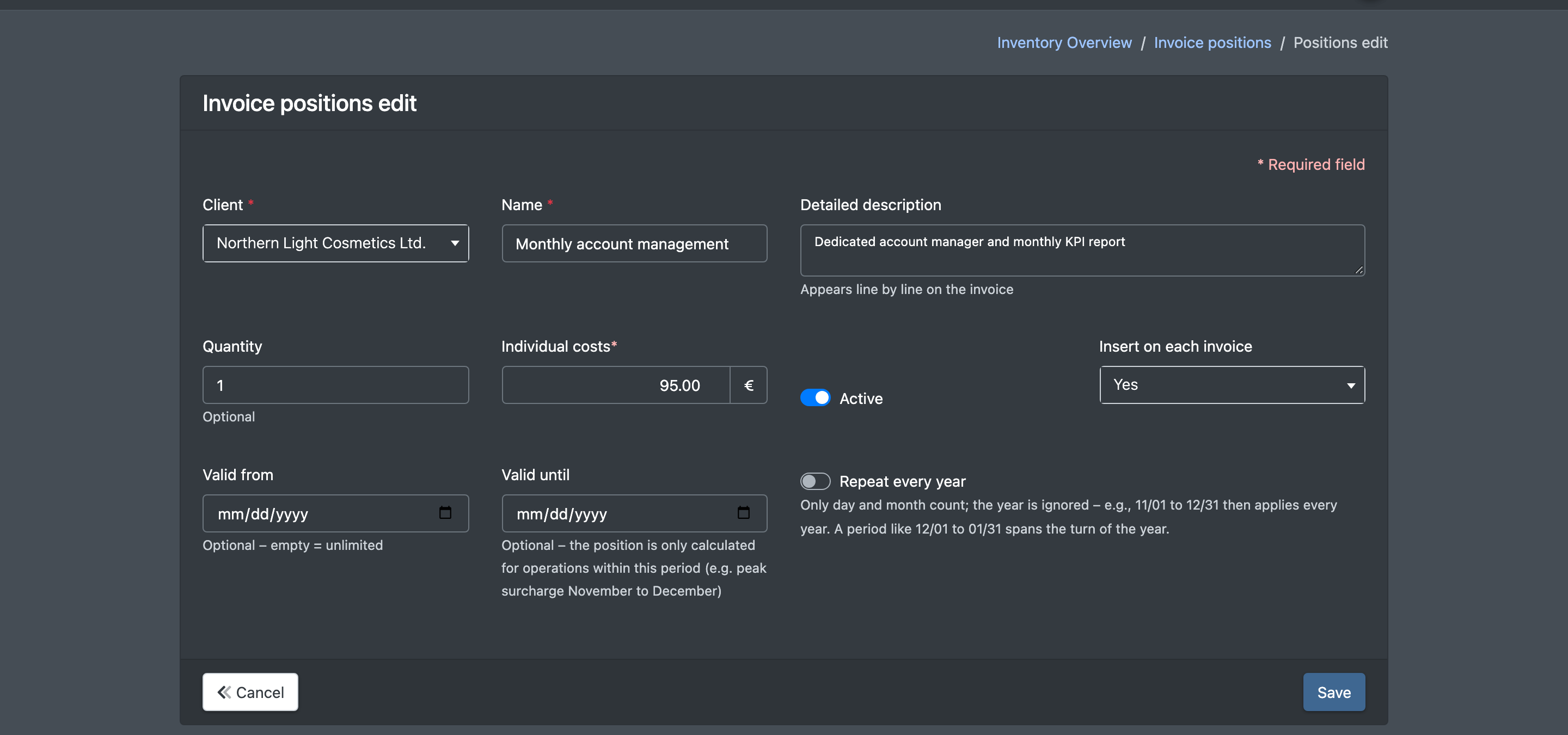 Screenshot: Invoice item form with Client, Name, Detailed description, Quantity, Individual costs, Active and "Insert on each invoice" set to Yes
