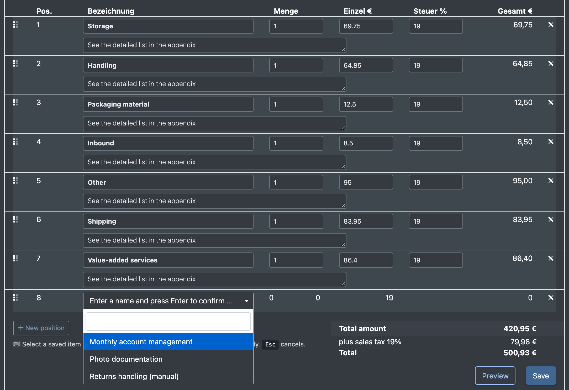 Screenshot: Client statement with the "New position" field open and the drop-down of saved invoice items of the client