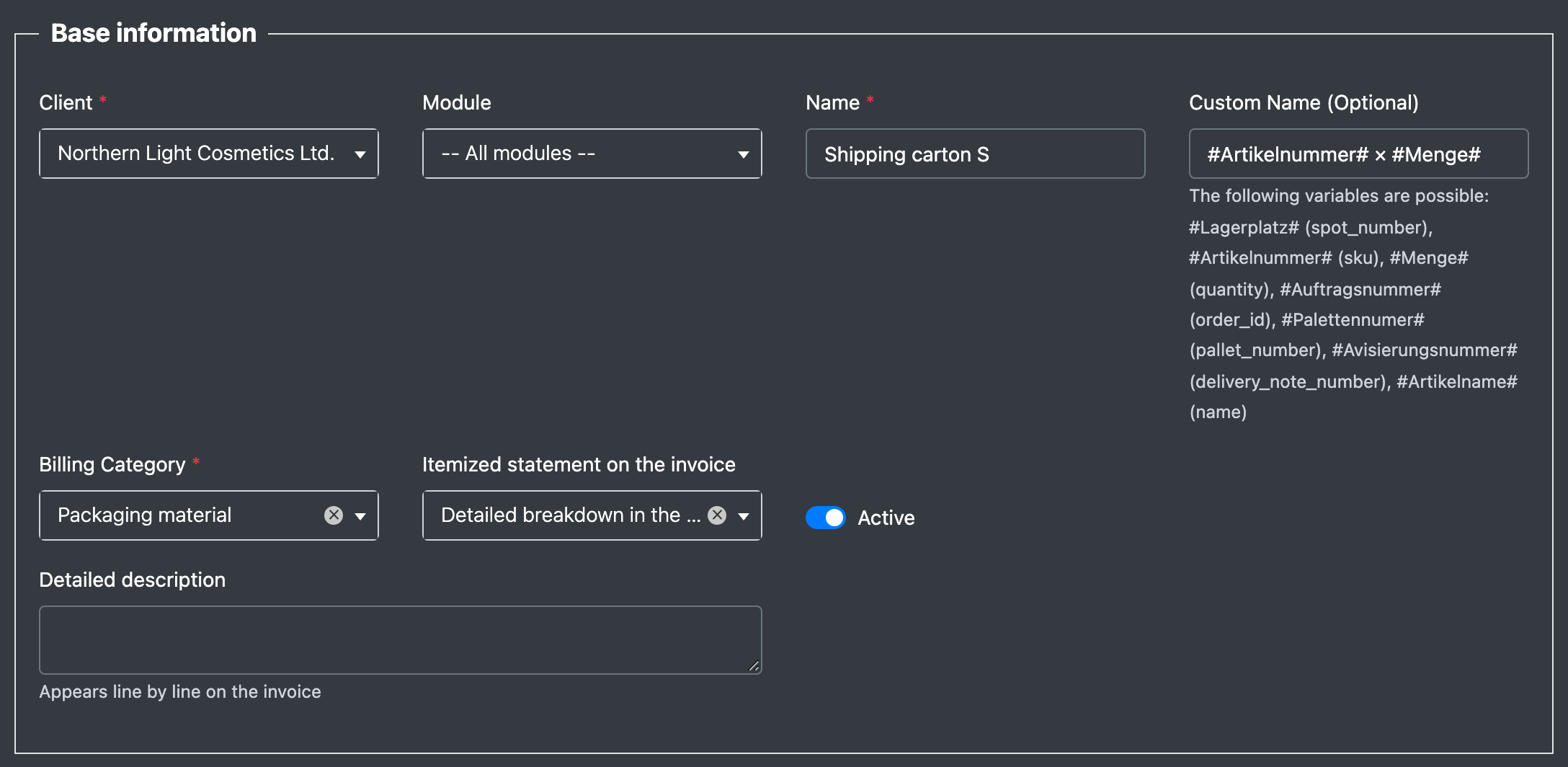 Screenshot: Section "Base information" of the material cost template form