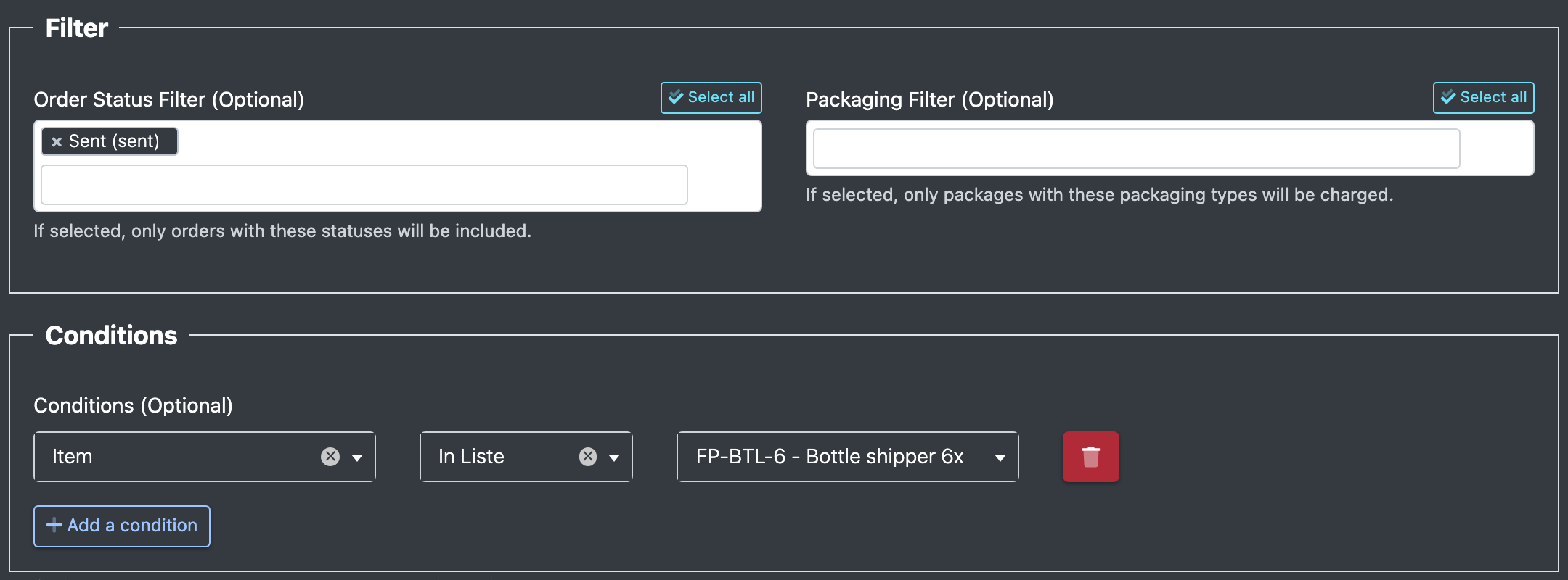 Screenshot: Sections "Filter" and "Conditions" with an order status filter and a condition on an article