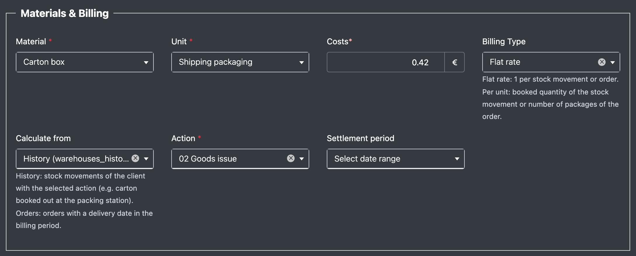 Screenshot: Section "Materials & Billing" with Material, Unit, Costs and Action