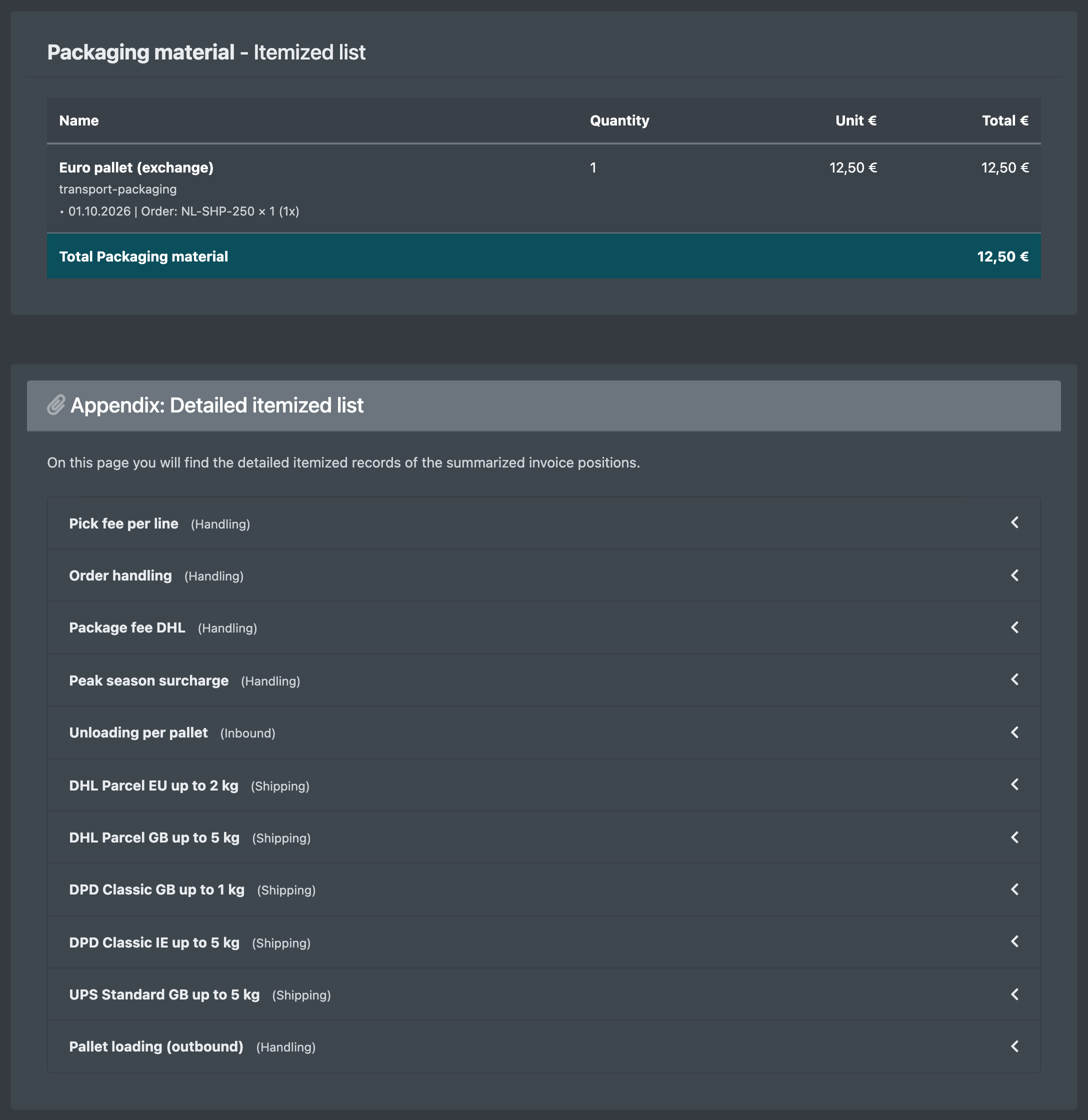 Screenshot: Client statement with a material cost item and its detailed breakdown by date and order number
