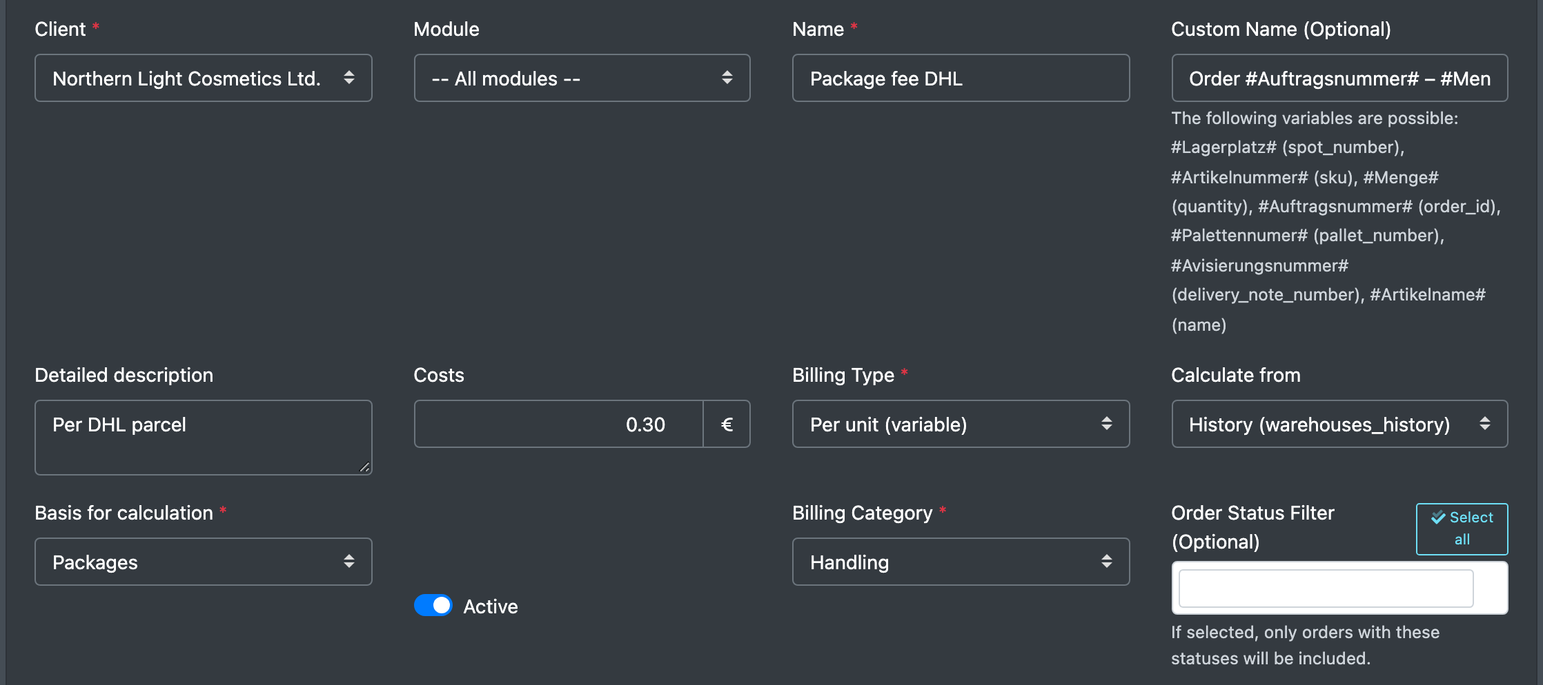 Screenshot: Order cost template form with Client, Module, Name, Costs, Billing Type "Per unit (variable)" and Basis for calculation "Packages"