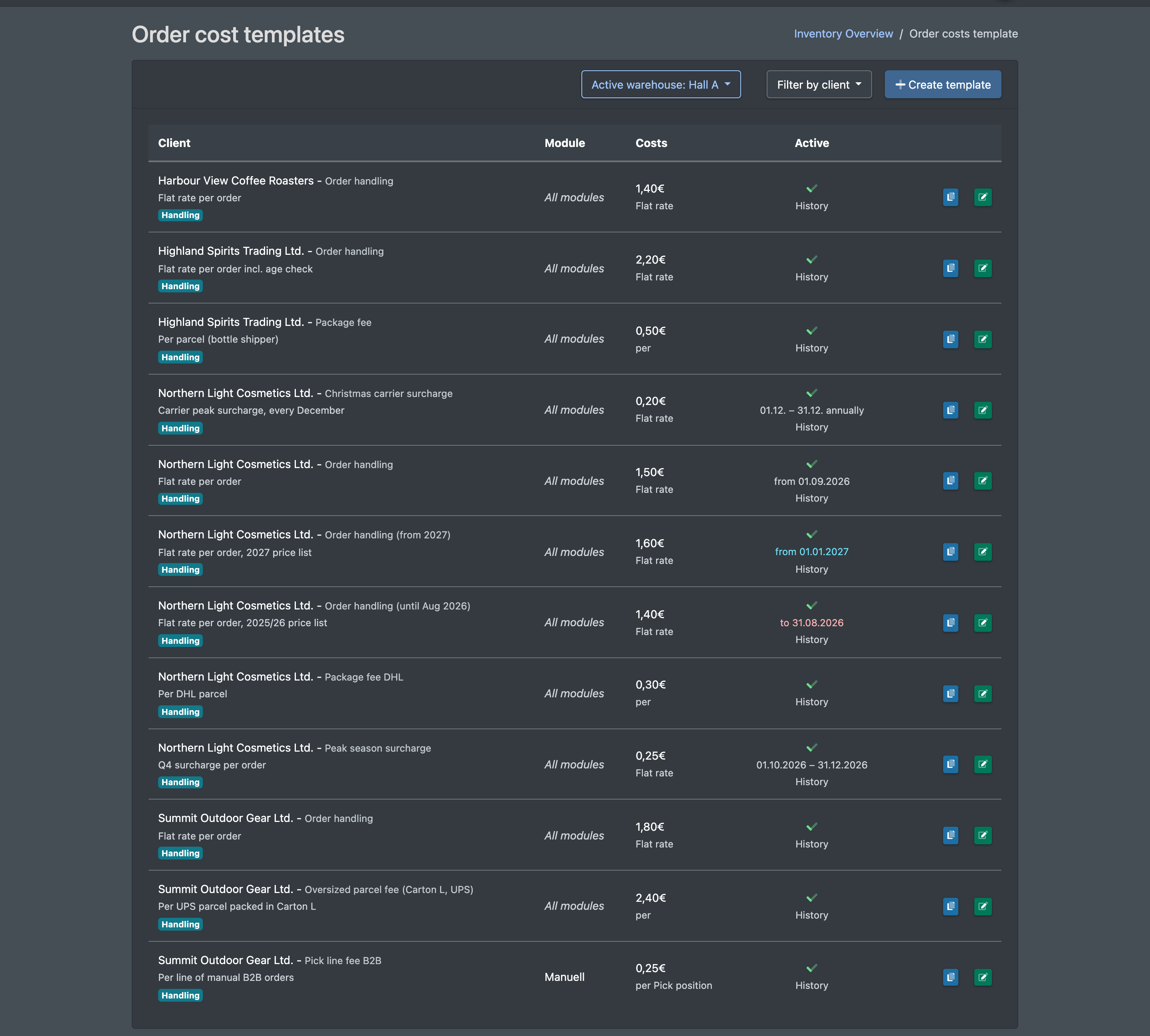 Screenshot: Order cost templates list with client filter, columns Client, Module, Costs and Active