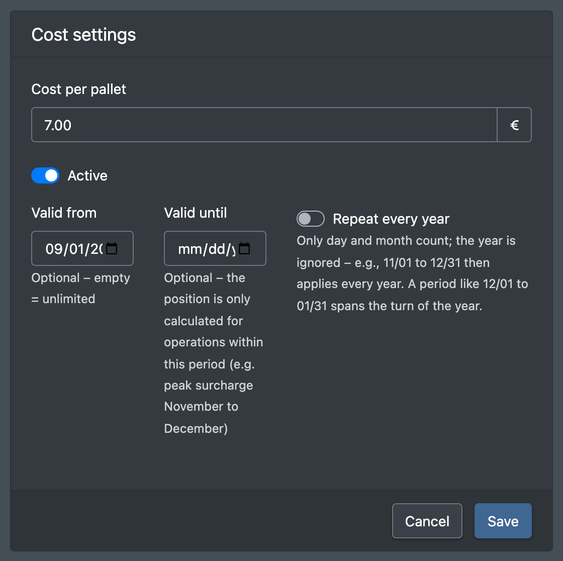 Screenshot: Section "Cost settings" with Cost per pallet, Active and the validity period fields