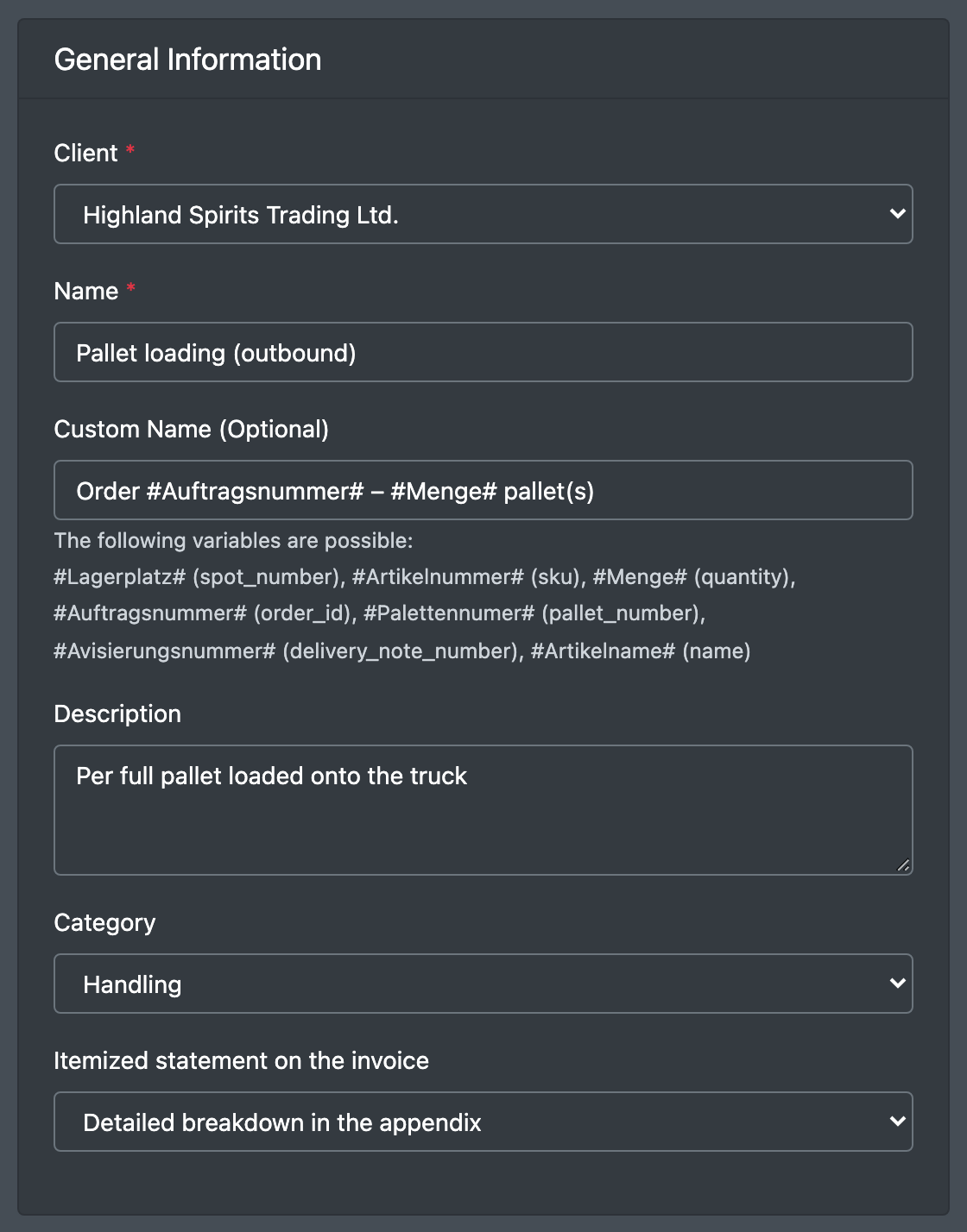 Screenshot: Section "General Information" of the pallet cost template form