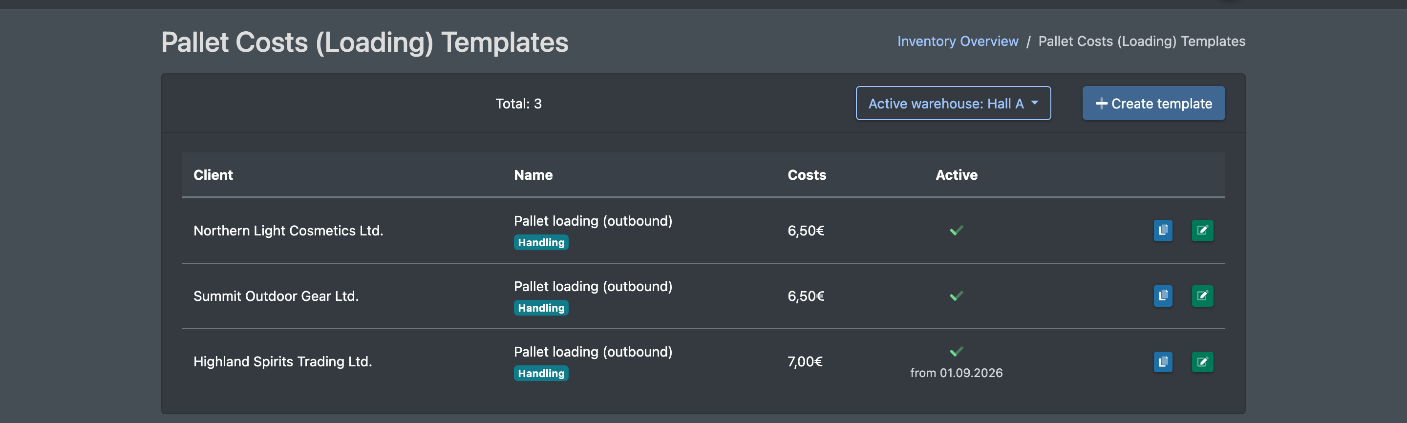 Screenshot: Pallet Costs (Loading) Templates list with columns Client, Name, Costs and Active
