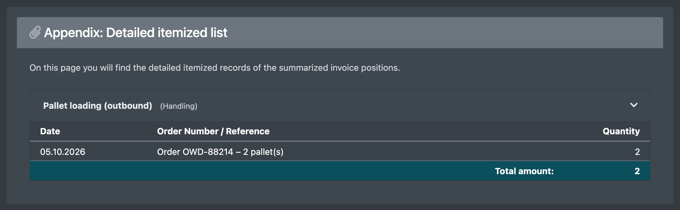 Screenshot: Client statement appendix with pallet cost lines showing date, order number and number of pallets