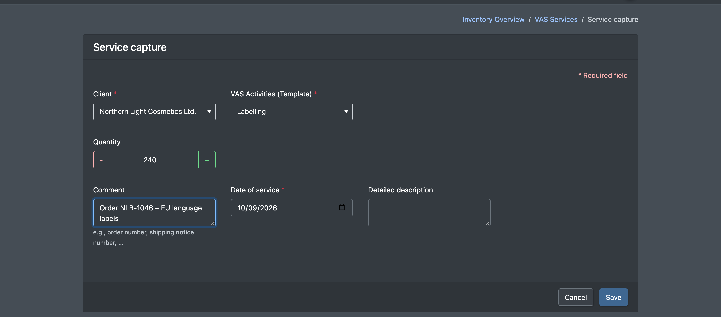 Screenshot: Form "Record performance" with Client, VAS Activities (Template), Quantity, Billing Category, Comment and Date of service