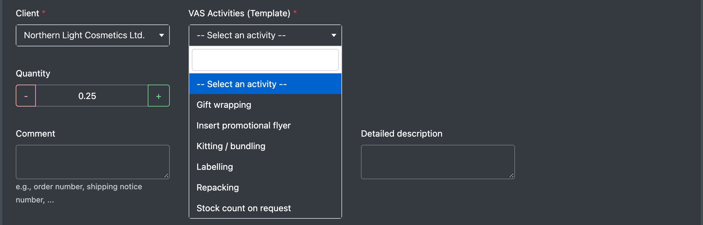 Screenshot: Client selected and the drop-down "VAS Activities (Template)" opened with client-specific and global templates
