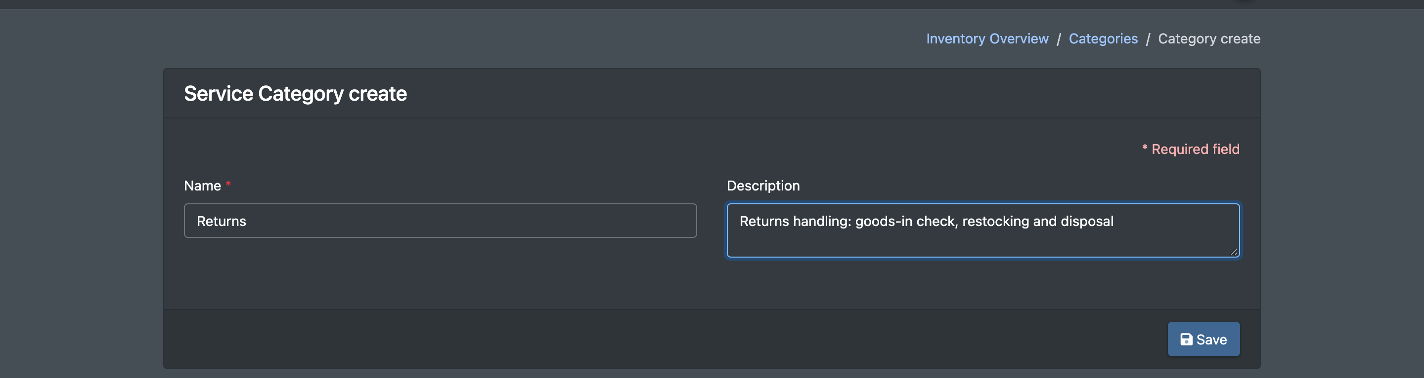 Screenshot: Form "Create category" with the fields Name and Description filled in