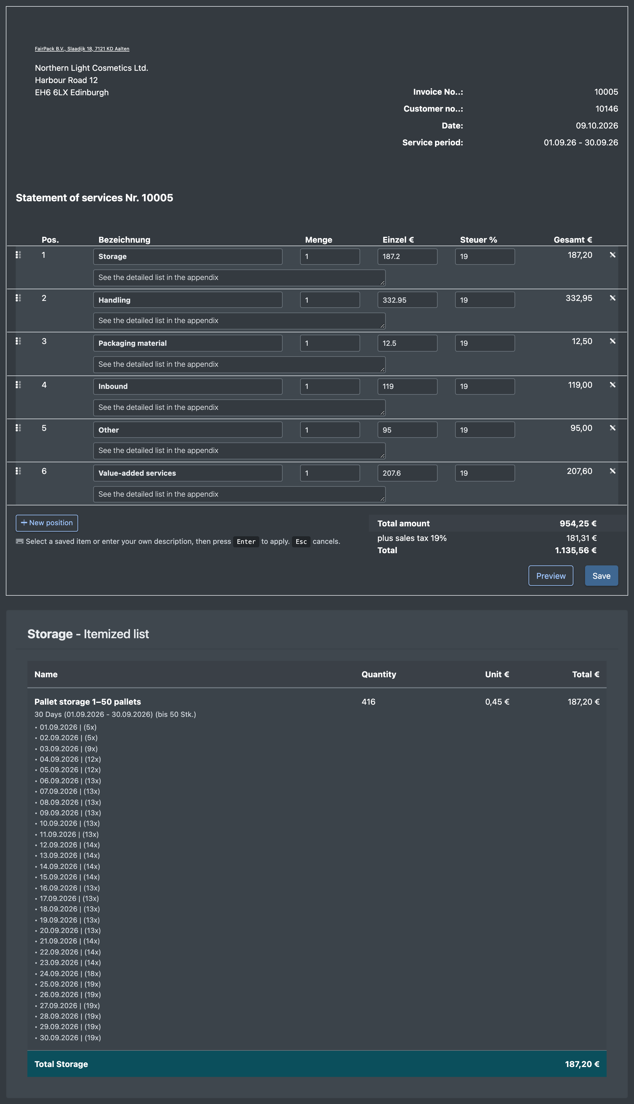 Screenshot: Client statement preview showing one total line per category and the itemized list of the category "Storage"