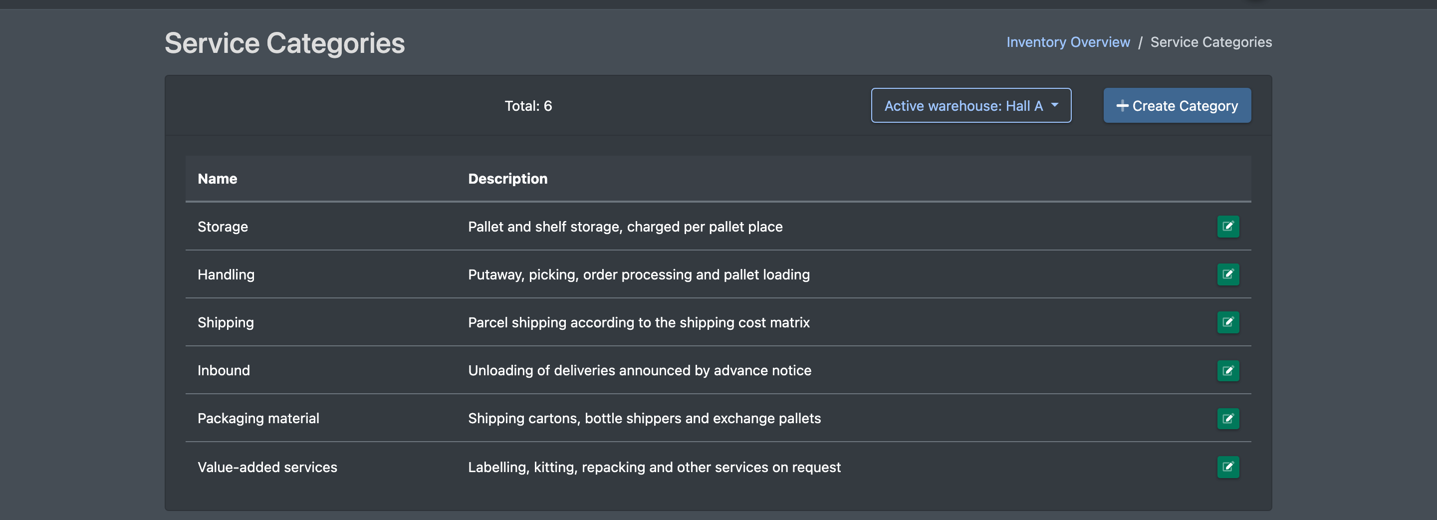 Screenshot: Service categories list with a few example categories (Storage, Handling, Shipping) and the "Create Category" button