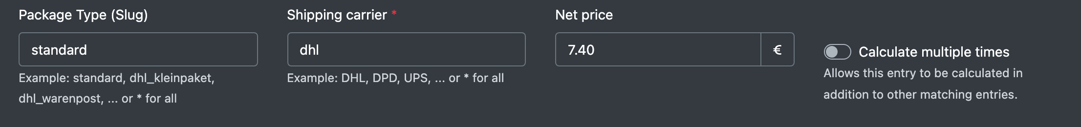 Screenshot: Lower part of the shipping cost form with Package Type, Shipping carrier, Net price and Calculate multiple times