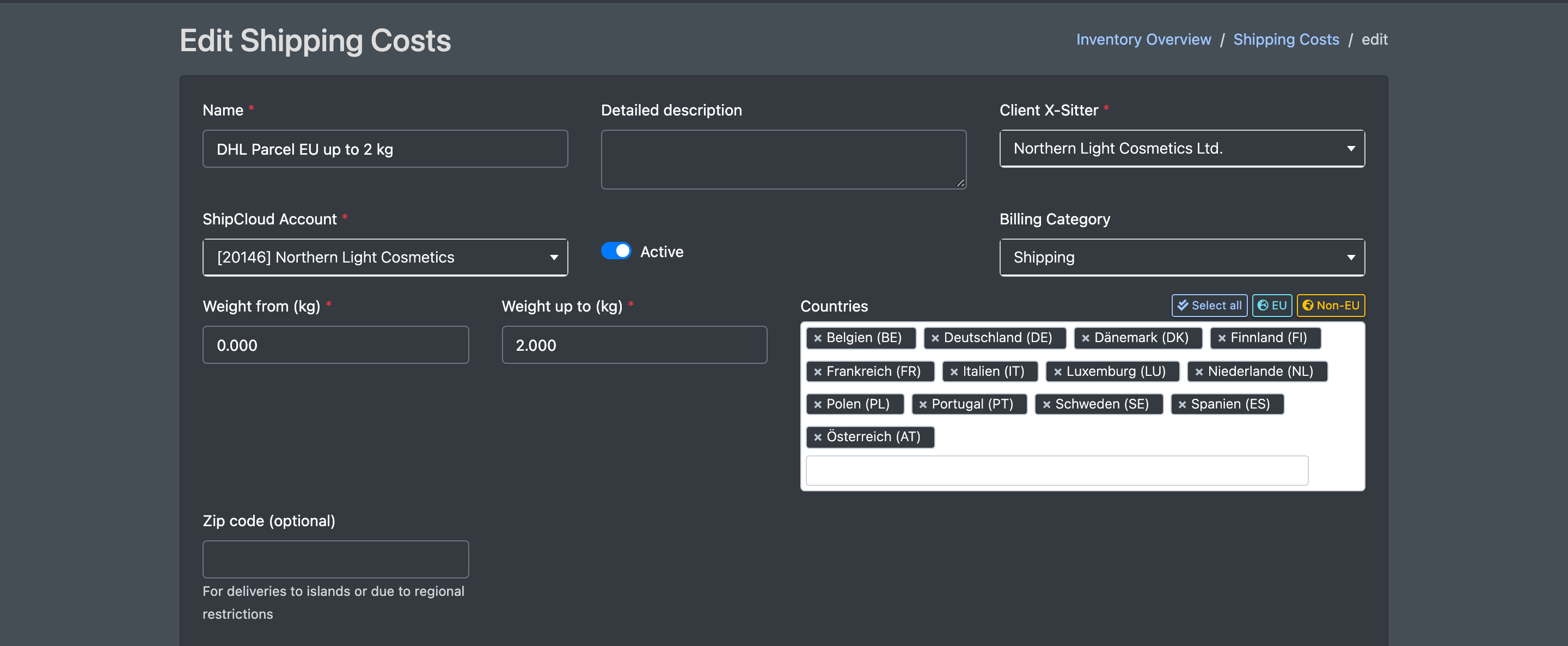 Screenshot: Shipping cost form with Name, Client, ShipCloud Account, Billing Category, weight range and the country selection with the buttons Select all, EU and Non-EU