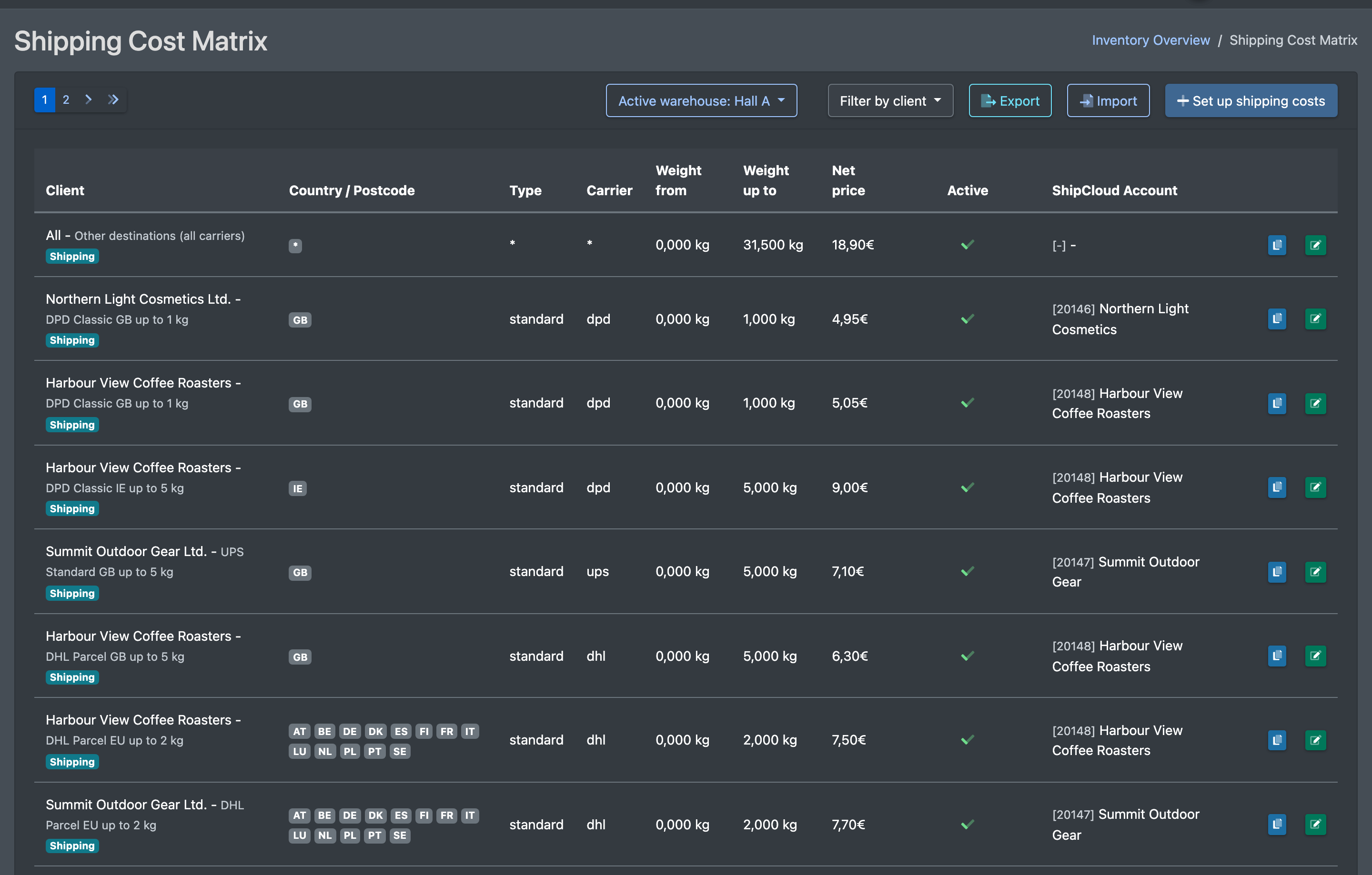 Screenshot: Shipping Cost Matrix list with client filter, the buttons Export, Import and "Set up shipping costs", and columns Client, Country, Type, Carrier, Weight from, Weight up to, Net price, Active, ShipCloud Account
