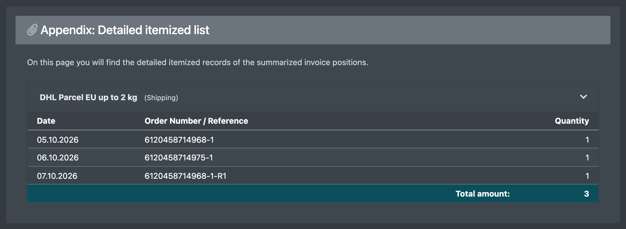 Screenshot: Client statement appendix with shipping cost lines per label reference