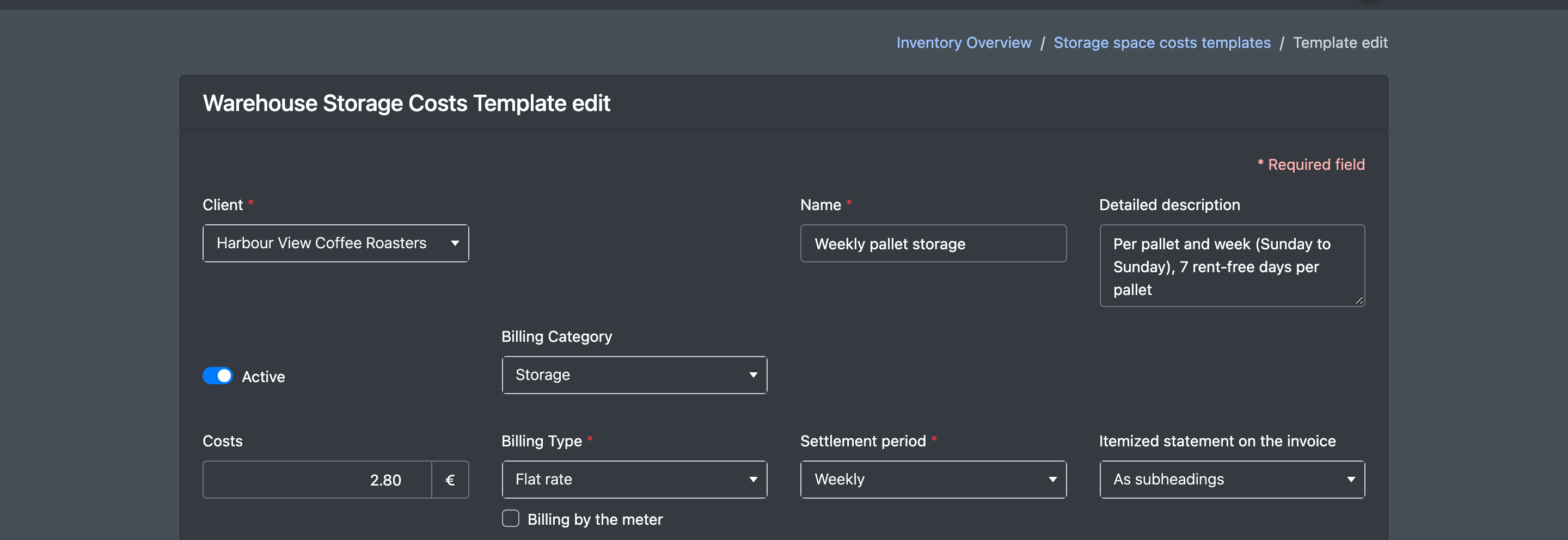 Screenshot: Storage space cost template form, upper part with Client, Name, Billing Category, Costs, Billing Type and Settlement period