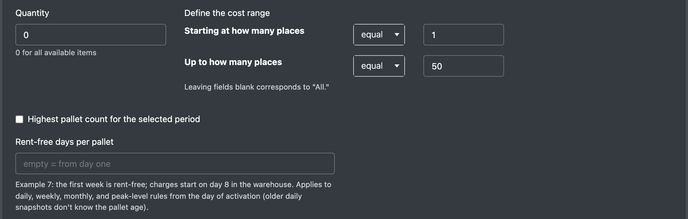Screenshot: Lower part of the form with Quantity, cost range (from/to places with operator), Highest pallet count, Rent-free days per pallet and Active