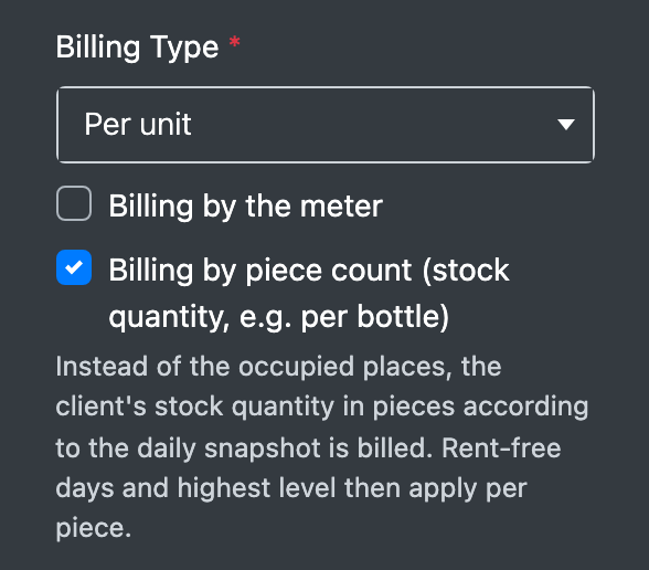 Screenshot: Billing type "Per unit" with the ticked option "Billing by piece count (stock quantity, e.g. per bottle)" and the help text below it
