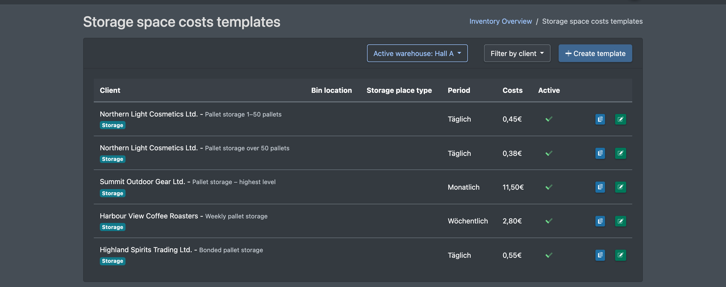 Screenshot: Storage space cost templates list with client filter, columns Client, Period, Costs and Active