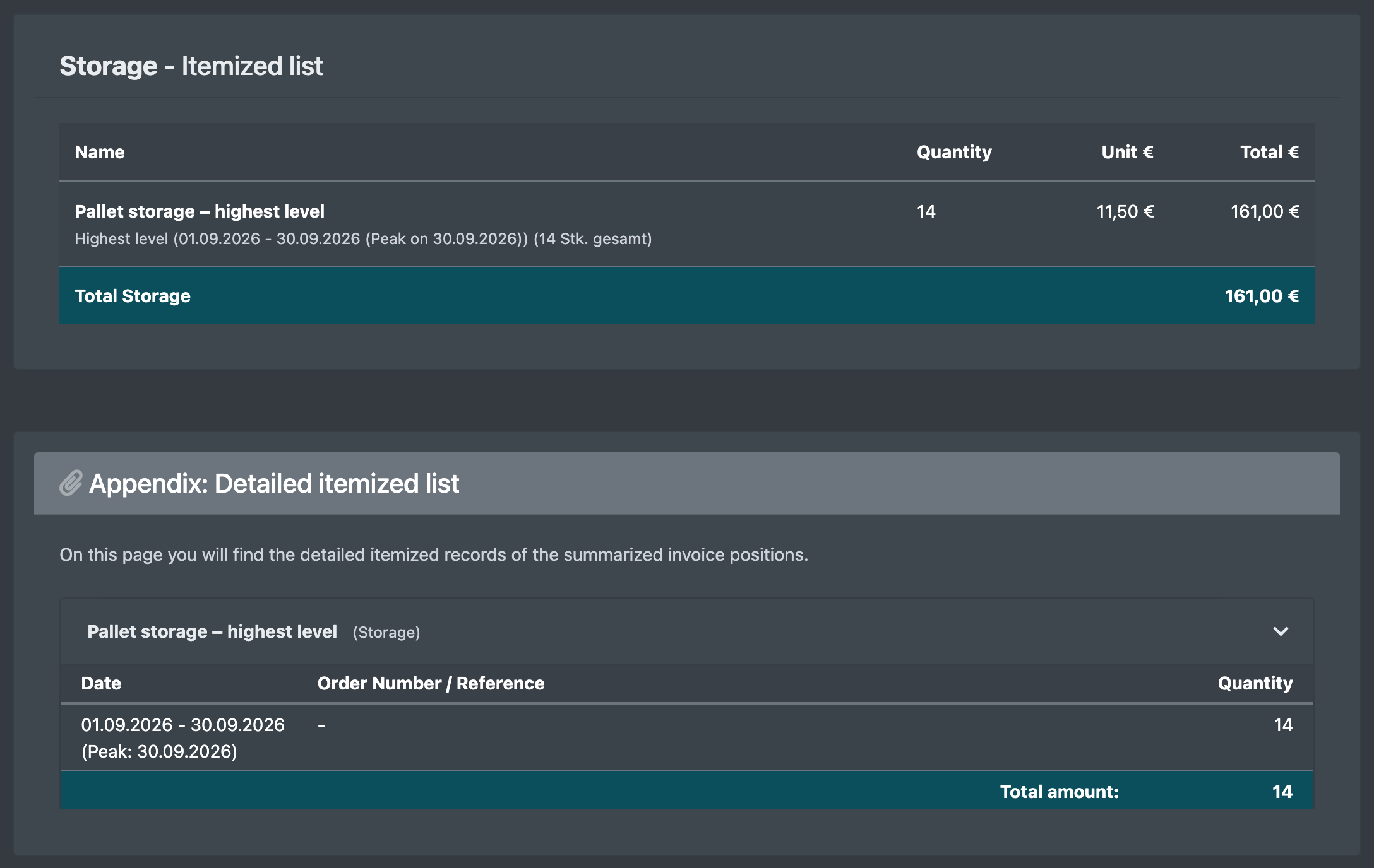 Screenshot: Client statement with a storage space item "Highest level" and the detailed breakdown per month in the appendix