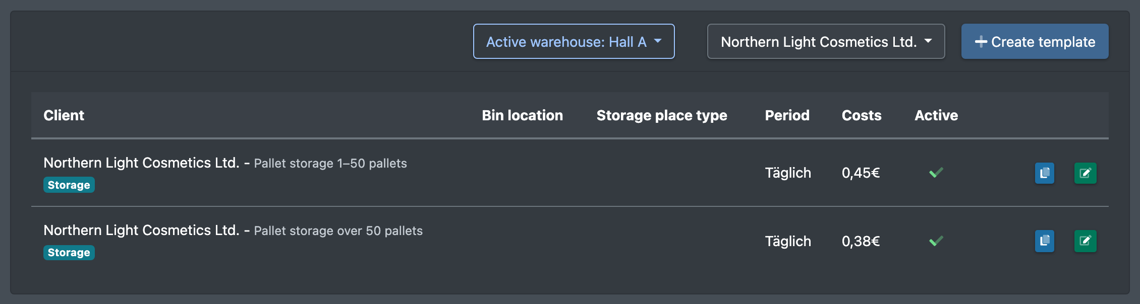 Screenshot: Template list with two storage space templates for the same client showing the ranges 1–50 and more than 50