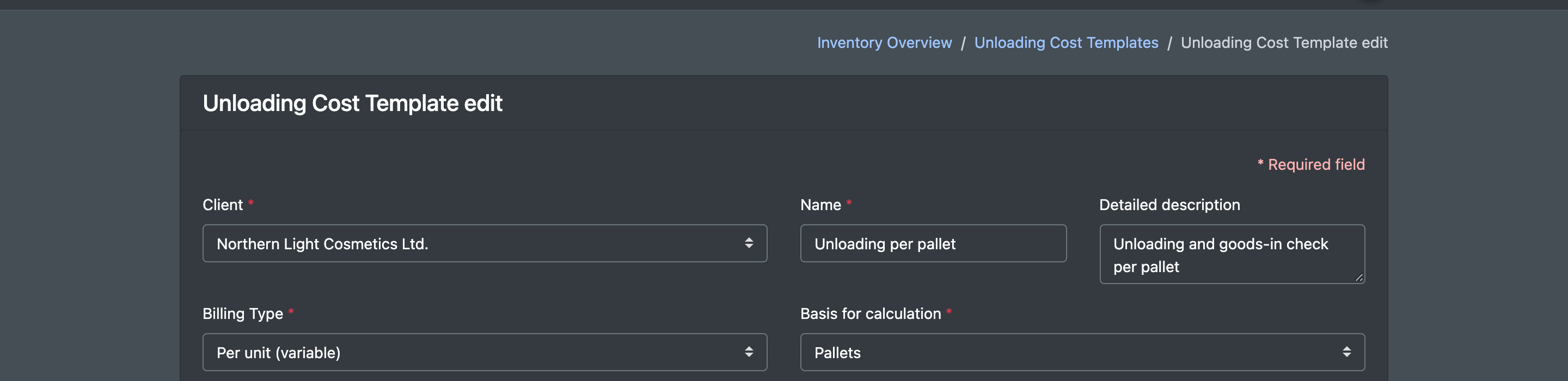 Screenshot: Unloading cost template form with Client, Name, Billing Type "Per unit (variable)" and Basis for calculation "Pallets"