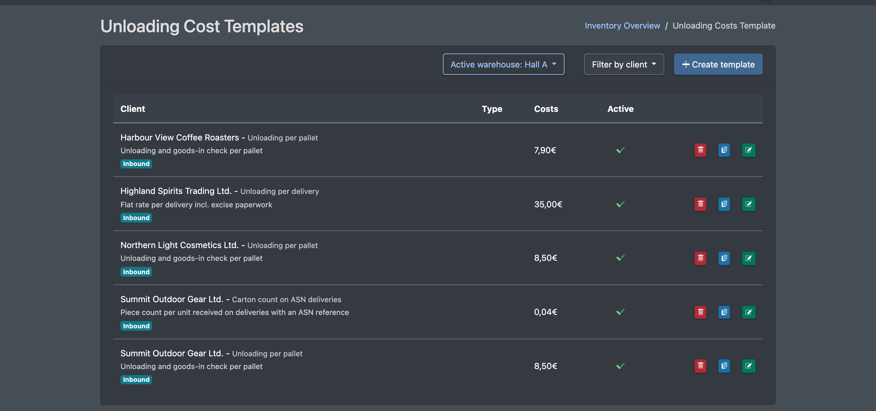 Screenshot: Unloading cost templates list with client filter, columns Client, Type, Costs and Active