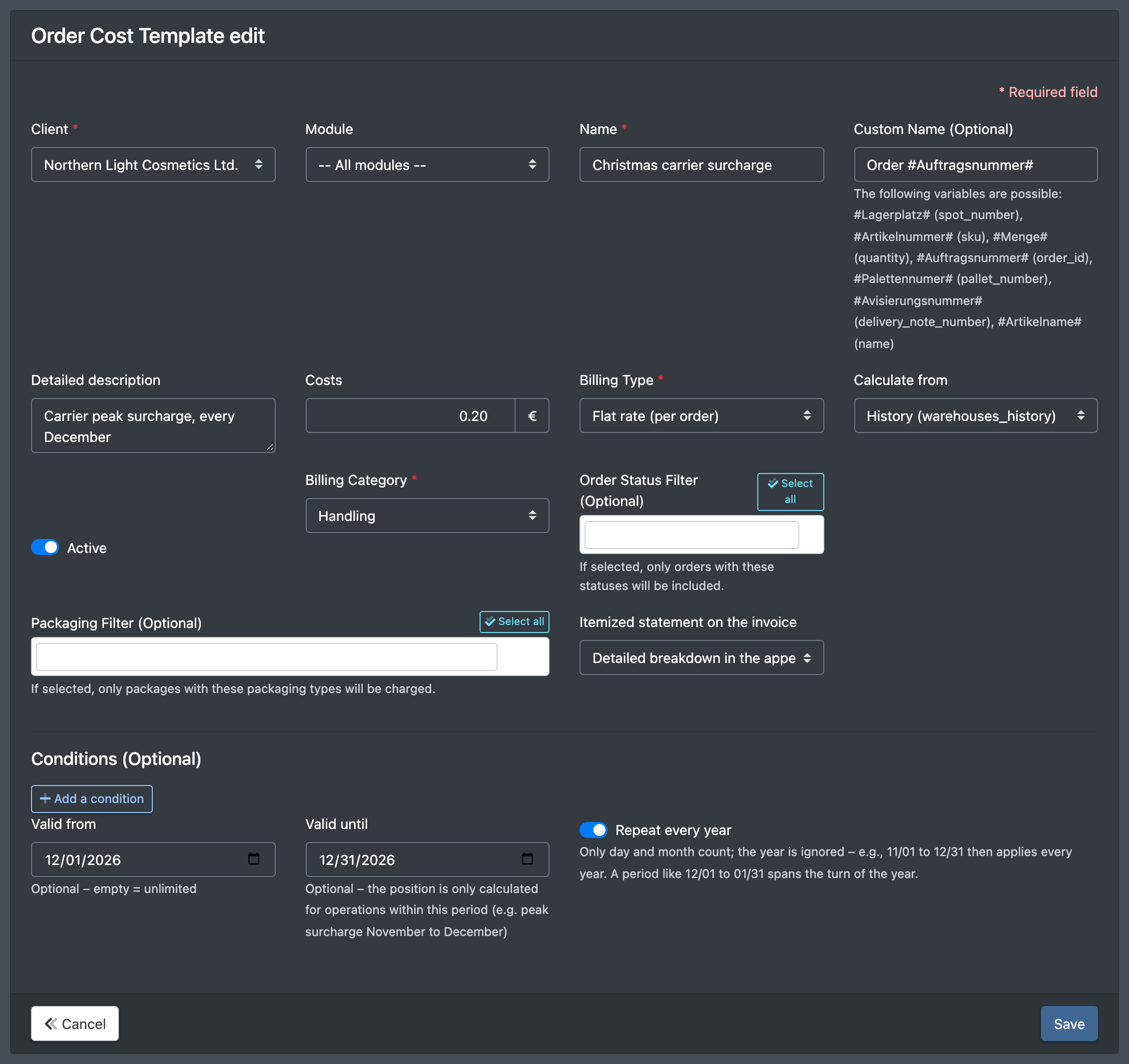 Screenshot: Cost template form with the "Valid from", "Valid until" and "Repeat every year" fields at the bottom