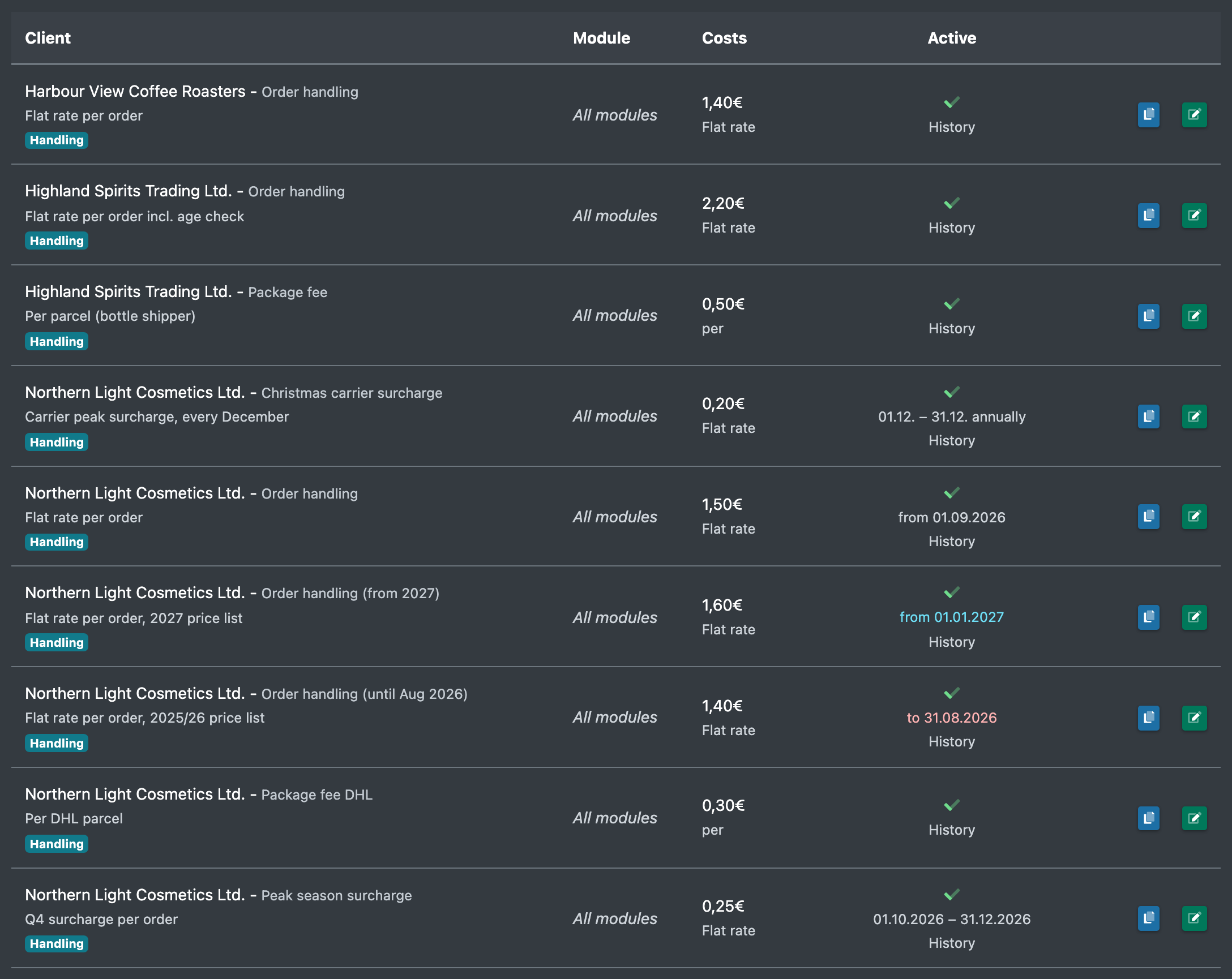 Screenshot: Overview list of order cost templates with validity periods in grey, blue and red below the Active icon