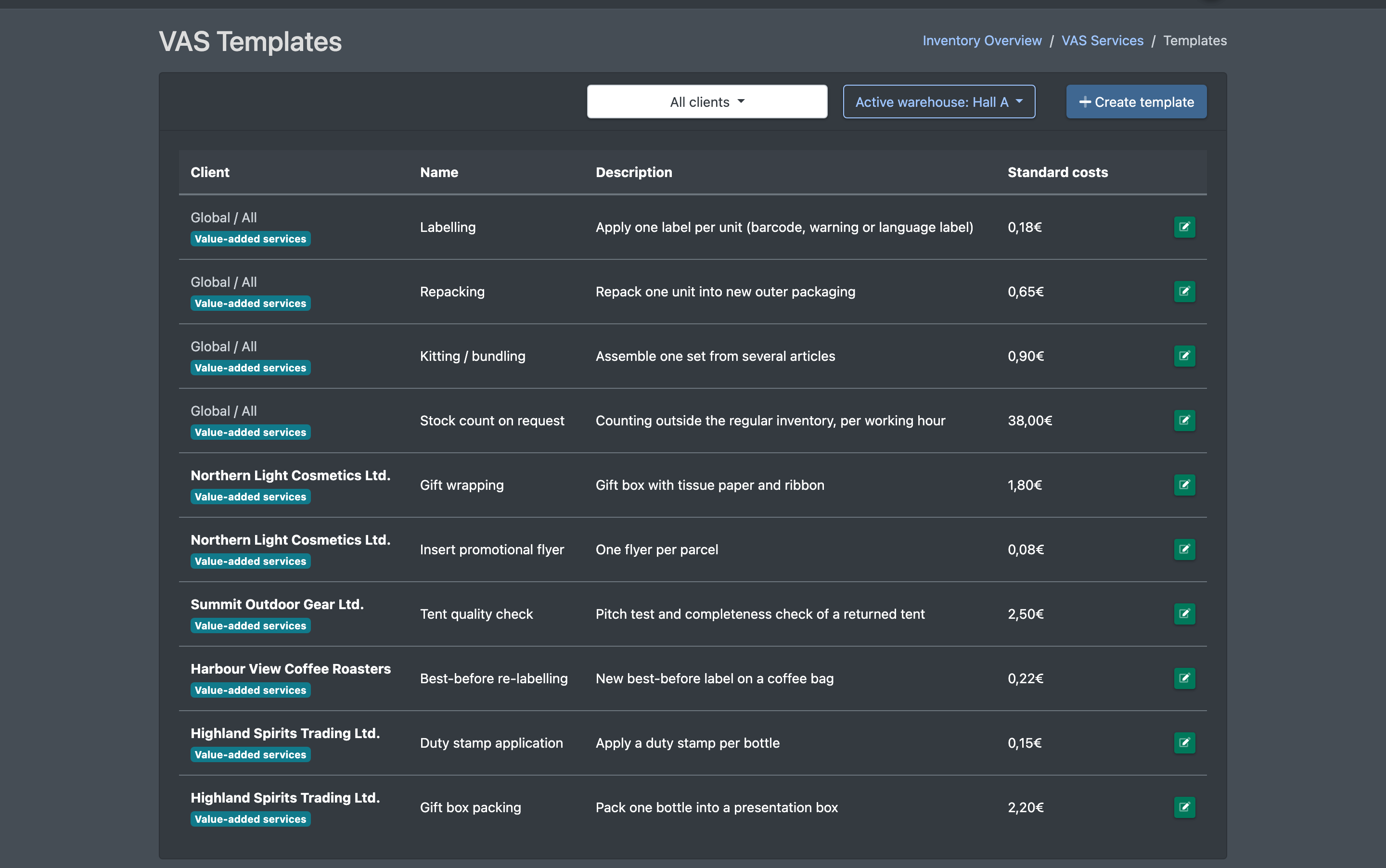 Screenshot: List "VAS Templates" with columns Client, Name, Description, Standard costs and the button "Create template"