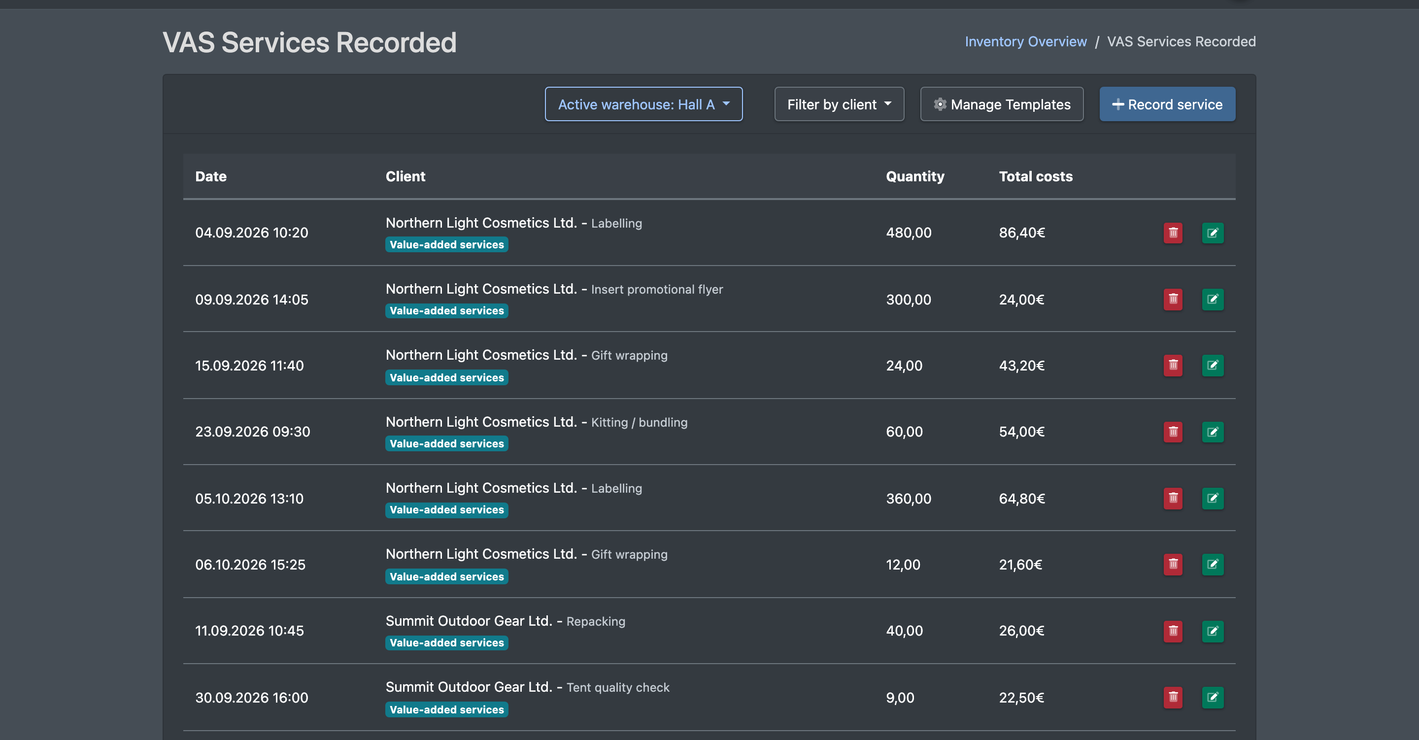 Screenshot: List "VAS Services Recorded" with client filter, the buttons "Manage Templates" and "Record performance" and the columns Date, Client, Quantity, Total costs