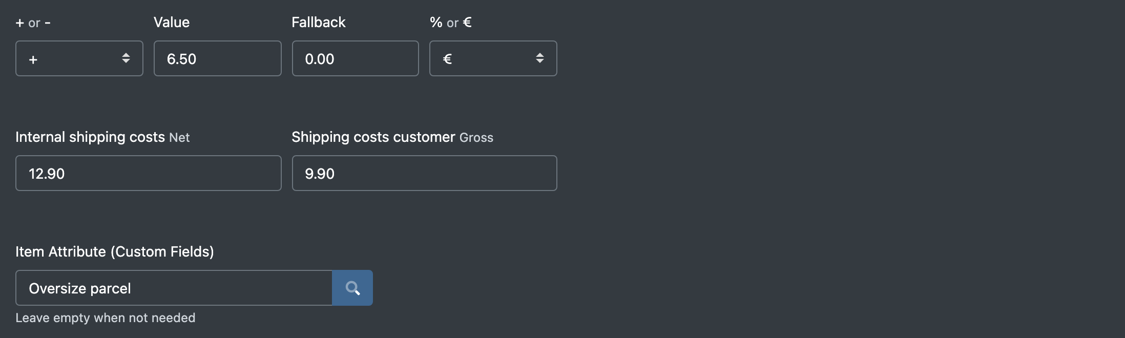 Screenshot: Lower part of the form with fallback, internal shipping costs, customer shipping costs and the article attribute field