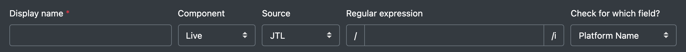 Screenshot: Form "New entry" with display name, component, source, regular expression and field to check