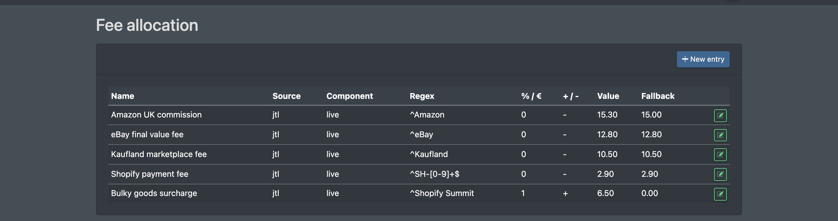 Screenshot: Fee allocation overview with several entries (display name, source, regular expression, value)