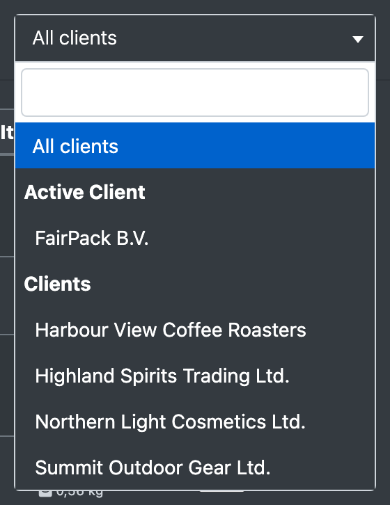Screenshot: Order overview with the client filter opened, showing the newly created client