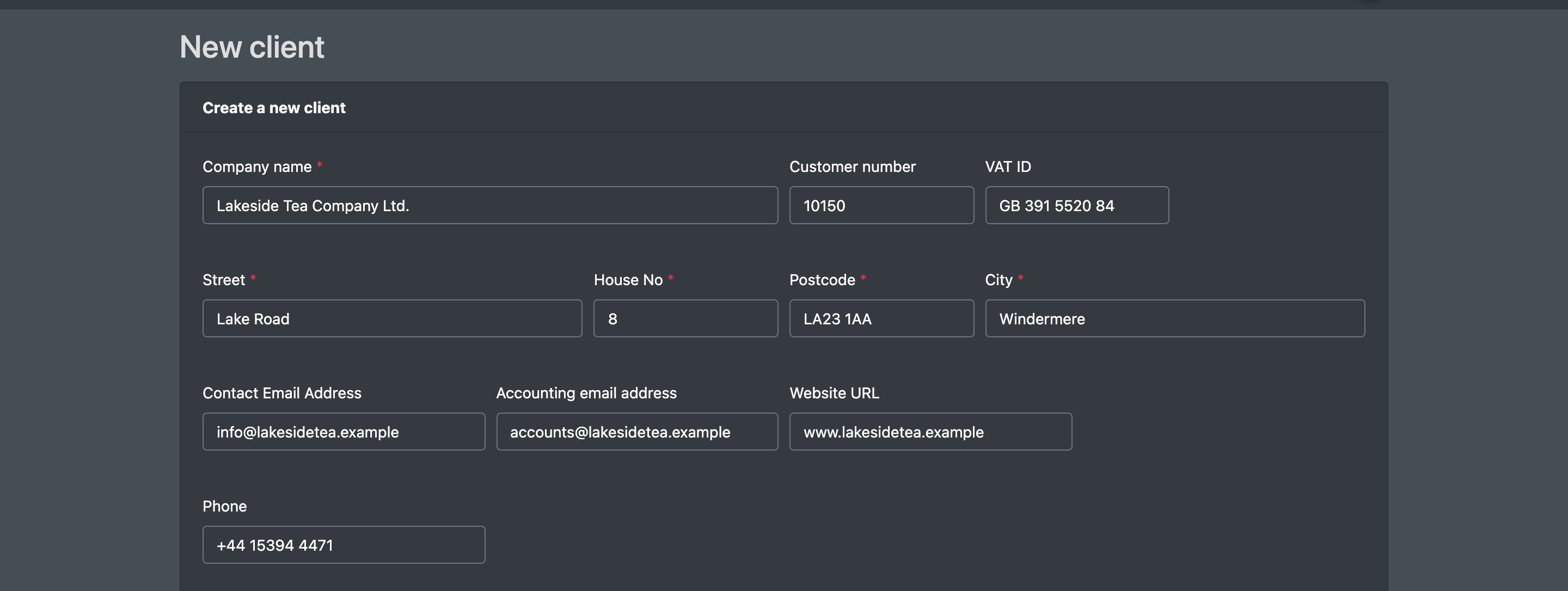 Screenshot: Form "Create a new client" with company name, address and contact fields filled in