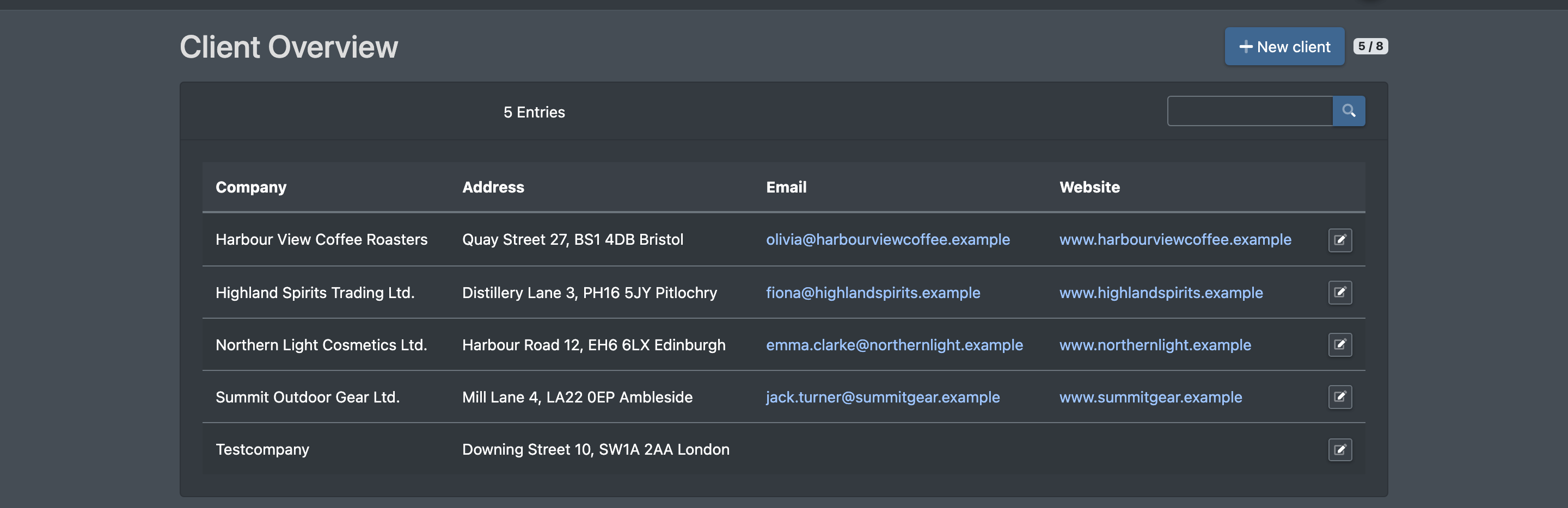 Screenshot: Client overview with the list of clients, search field and the "New client" button
