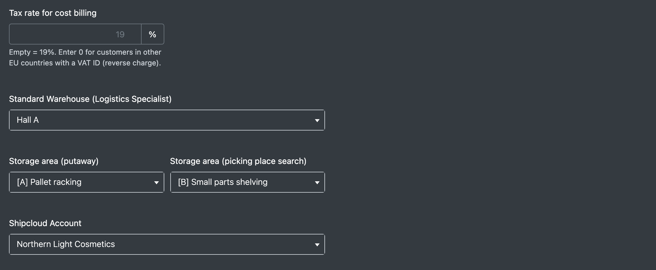 Screenshot: Lower part of the client form with default warehouse, the two storage area fields, Shipcloud account and tax rate