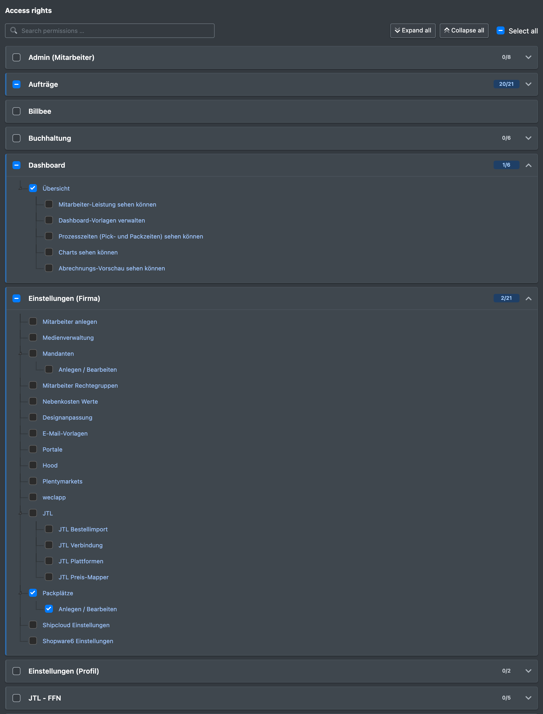 Screenshot: Access rights tree in the employee form with the search field and some modules expanded and ticked