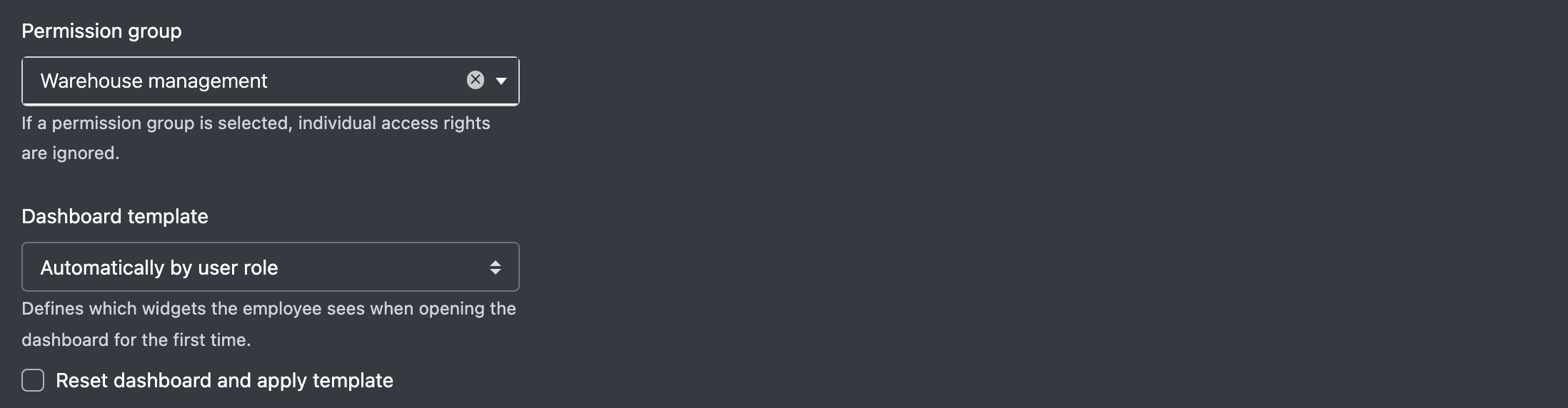 Screenshot: Lower part of the employee form with permission group, dashboard template and the reset checkbox