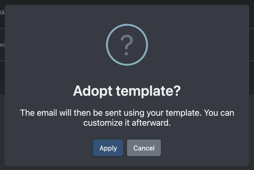 Screenshot: Dialog "Adopt template?" with the buttons Apply and Cancel
