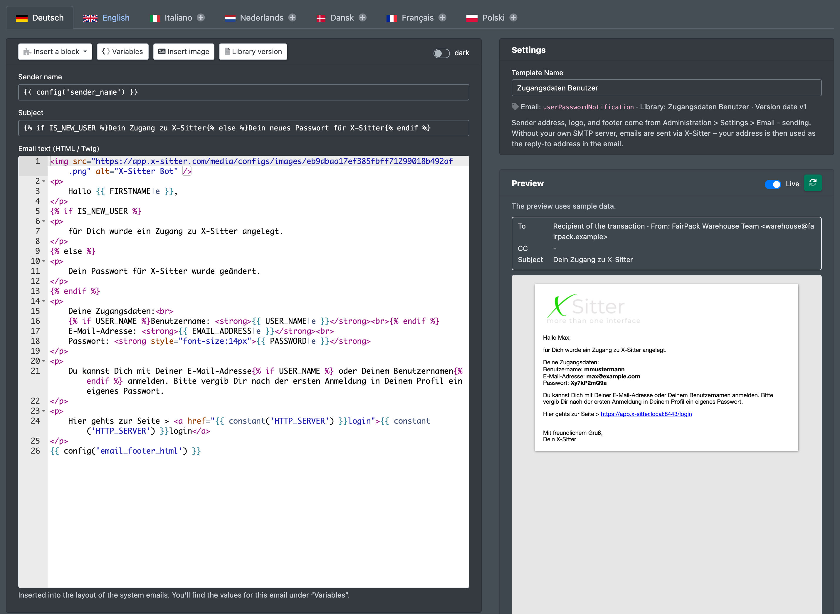 Screenshot: Editor of the system email with the language tabs, sender name, subject, mail text, the settings panel and the preview