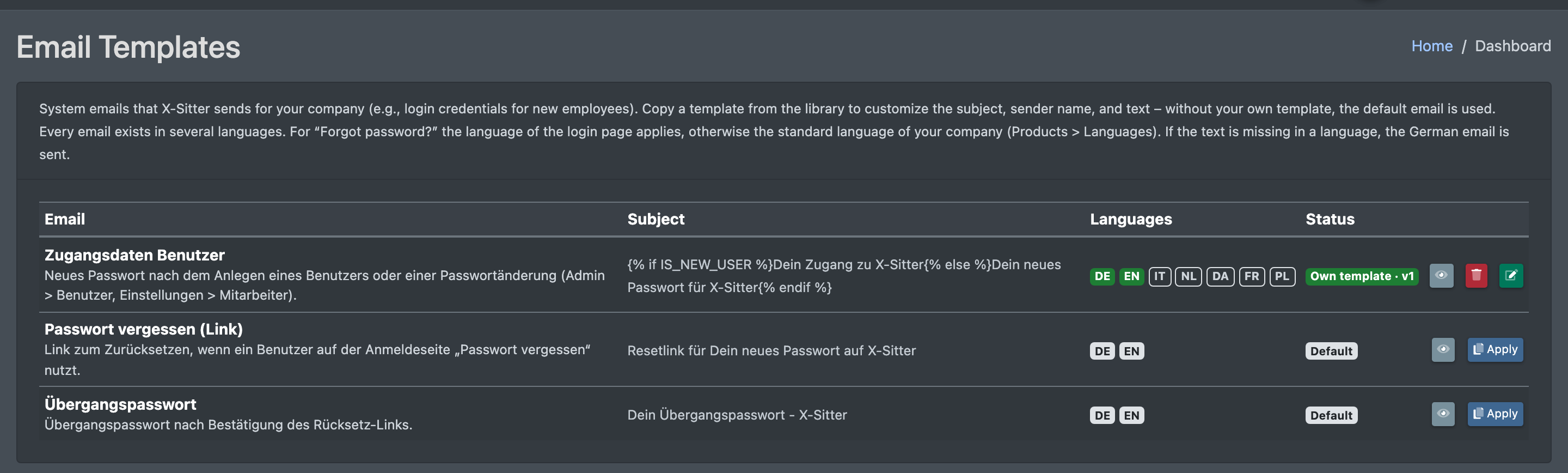 Screenshot: Email templates overview with the system emails, their subject, the language badges, the status and the buttons preview and Apply