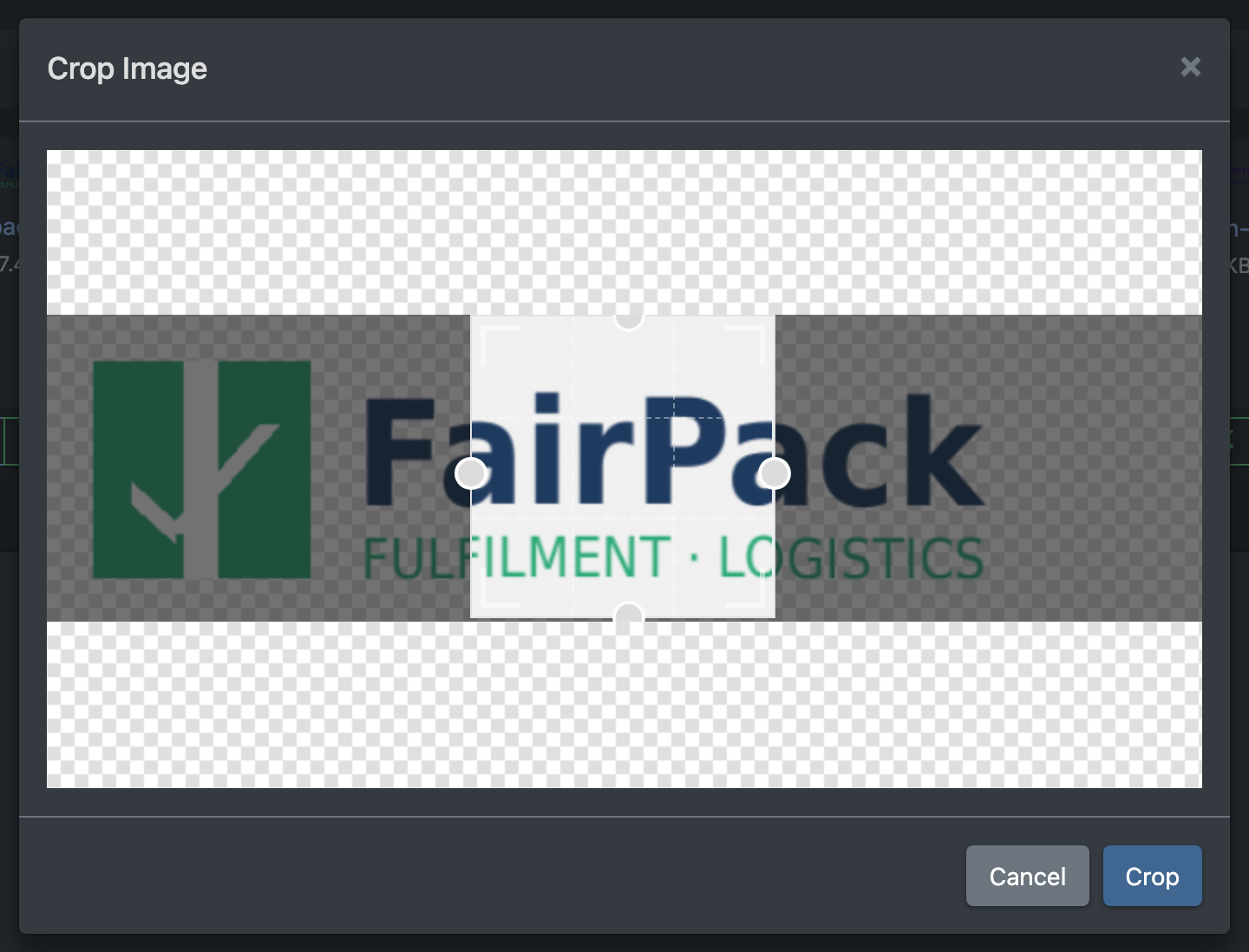 Screenshot: Crop Image dialog with a crop frame on an uploaded logo