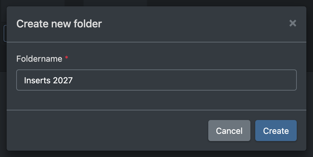 Screenshot: Dialog "Create new folder" with the folder name field