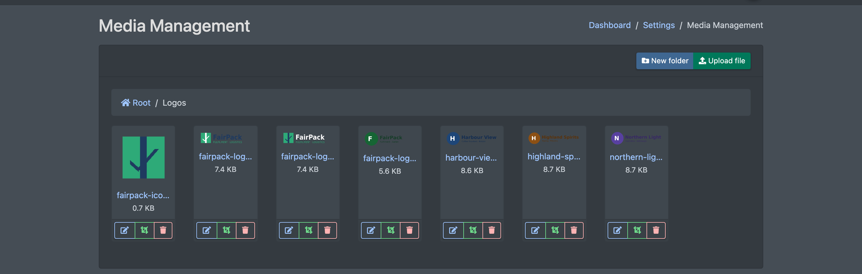 Screenshot: Media Management page with the folder tree, a list of uploaded images and the buttons "New folder" and "Upload file"