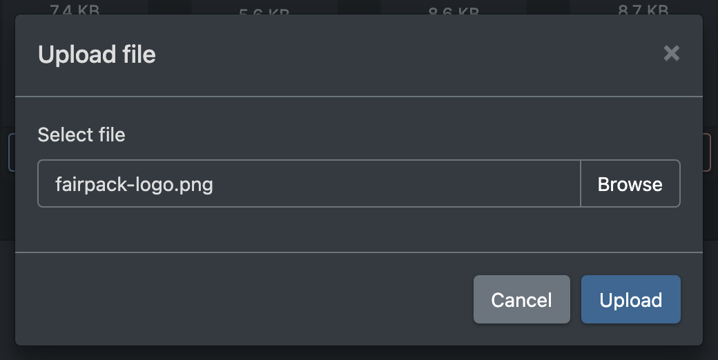Screenshot: Upload dialog with a selected file and the Upload button