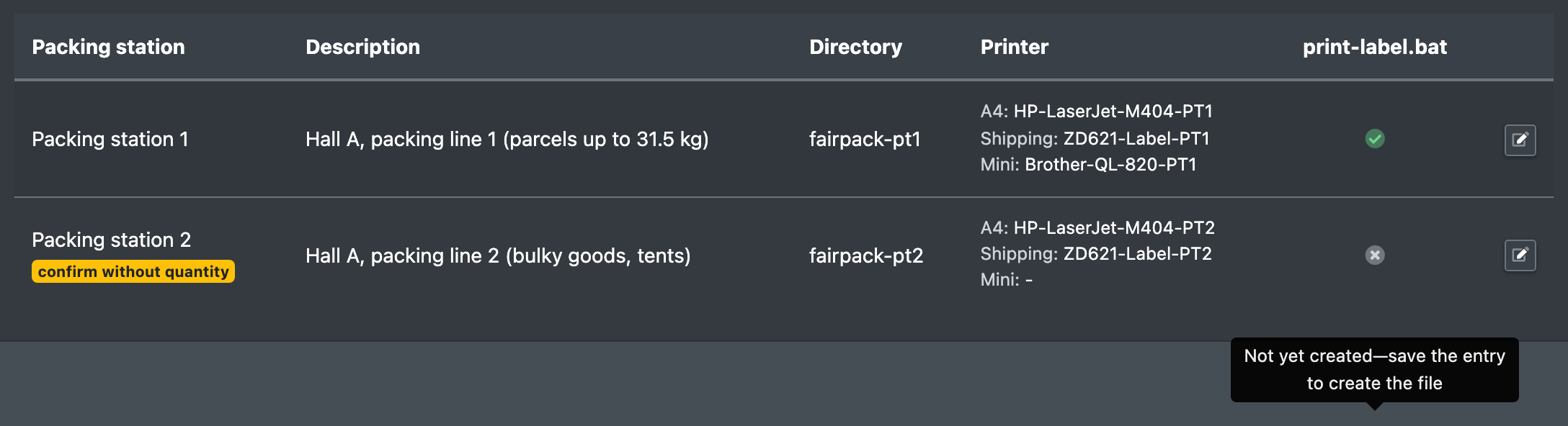 Screenshot: Packing table list with one entry showing "Not yet created - save the entry to create the file"